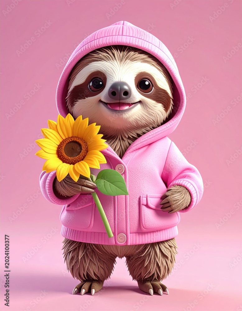 Obraz premium Cute sloth wearing a pink hoodie holding a bright sunflower against a pink background, smiling warmly.