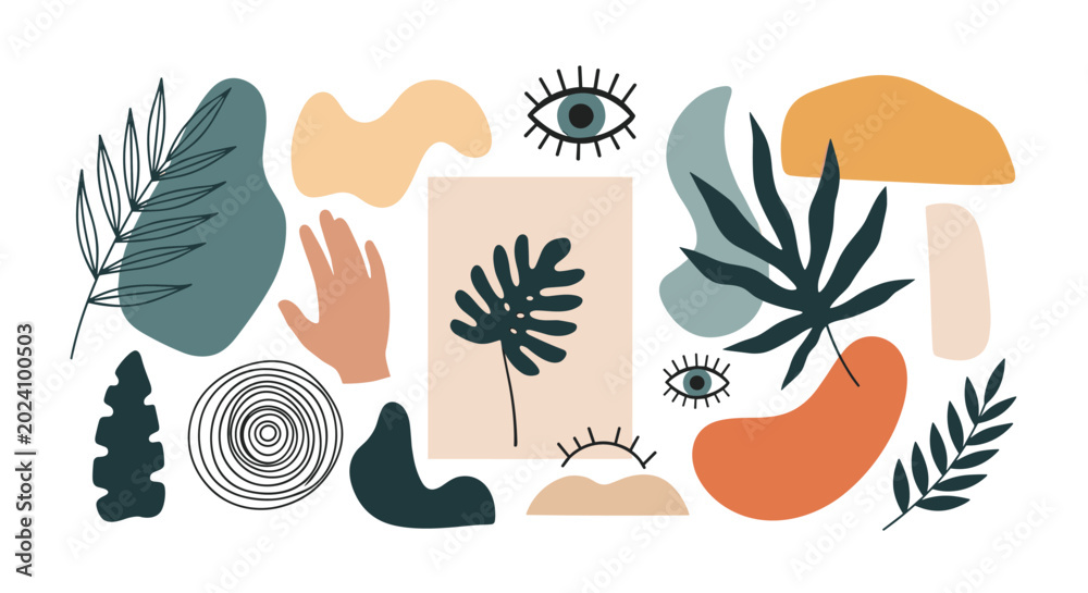 Obraz premium Artistic abstract collage containing various organic elements like leaves, hands, eyes, and geometric shapes in an earthy color palette.