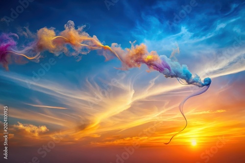 A Serene Sunset Sky with a Vibrant, Colorful, Swirling Cloud Formation Extending Towards a Setting Sun