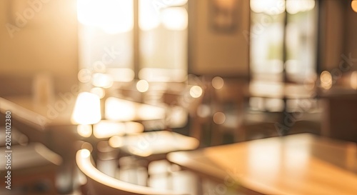 Abstract blurred background of a coffee shop interior with warm sunlight creating a beautiful bokeh effect.