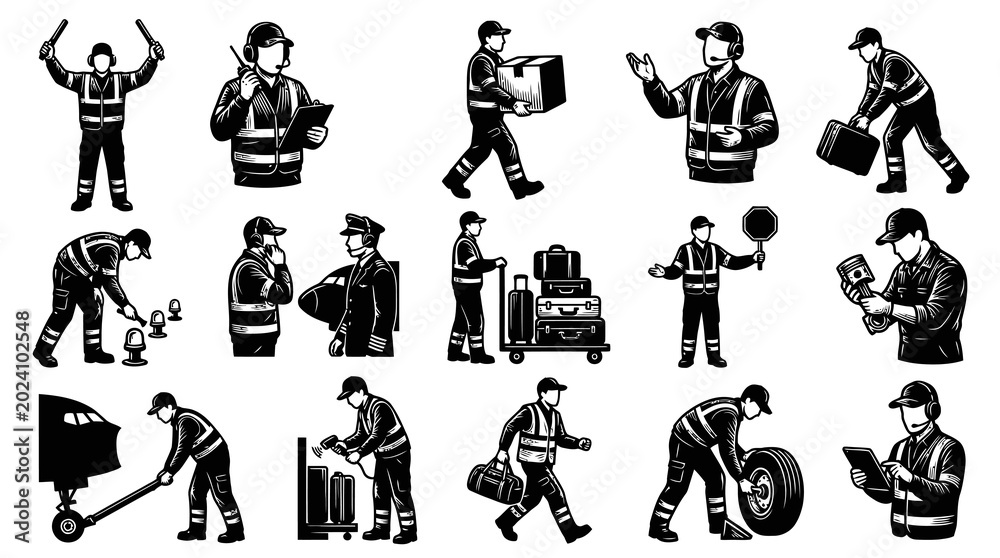 Obraz premium Aviation Airport Ground Staff and Pilot Characters Black and White Line Art Illustration Set