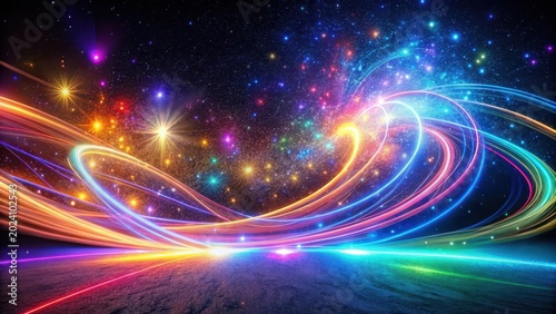 Celestial Light Trails Across a Planet's Surface A Vibrant Cosmic Panorama of Glowing Energy and Stellar Dust