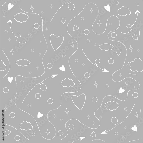 Abstract seamless pattern background featuring flowing lines, hearts, stars, and clouds creating dreamy playful atmosphere for modern decorative designs.