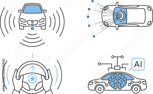 Autonomous Car Sensor Detection And Artificial Intelligence Driving Technology Flat Vector Illustration Set