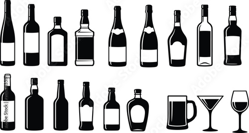 Canvas Print Silhouette Alcohol and Beverage Icon Set with Bottles, Wine Glasses, Beer Mugs,
