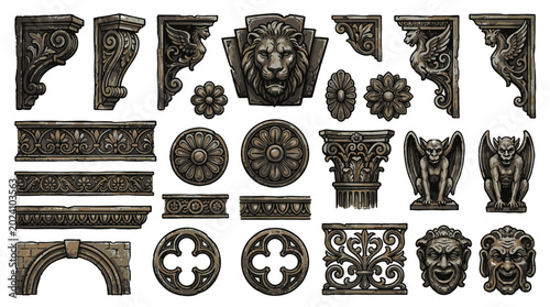 A collection of ornate architectural elements and decorative stonework featuring gargoyles, lions, and floral motifs for classical design
