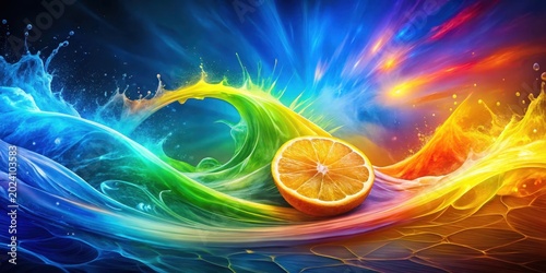 Vibrant Citrus Slice Nestled in a Whimsical Rainbow Splash of Liquid Energy