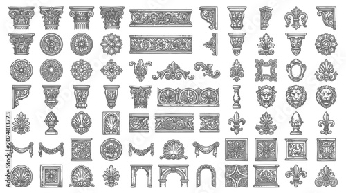 Antique Decorative Elements Collection Ornate Architectural Details, Victorian Style Accents, Vintage Flourishes, and Classic Borders for Design Projects