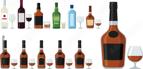 Photography Whiskey, Wine, and Liquor Bottle Icon Set with Drinking Glasses, Spirits, and Al