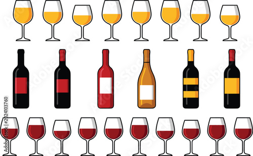 Fotografi Wine Glass and Bottle Icon Set with Red and White Wine Glasses and Bottles for B