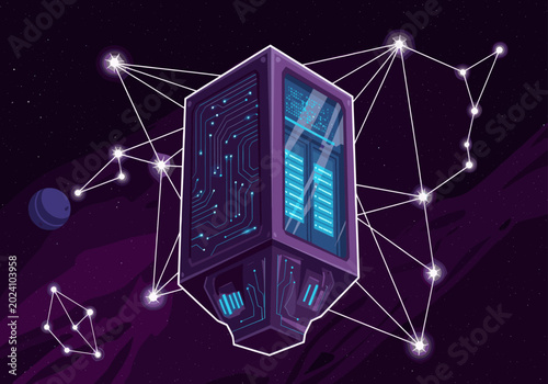 Tablou pe pânză Futuristic server node floating in cosmic digital space.