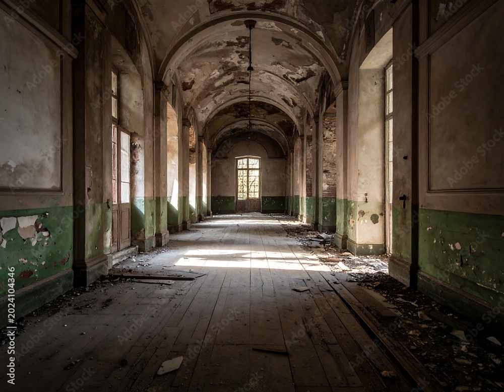 Fototapeta premium Abandoned hallway with arched ceiling and broken windows.
