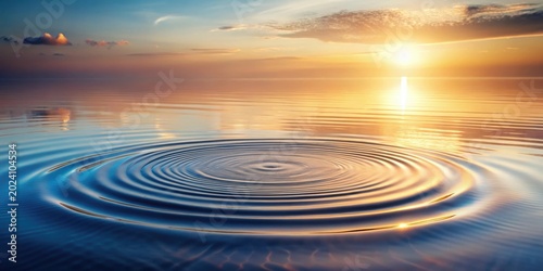 Serene Sunset Reflection Concentric ripples spreading across a calm water surface at sunset, reflecting the warm golden light and vibrant sky