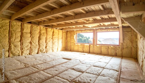 Attic insulation with yellow fiberglass batts.