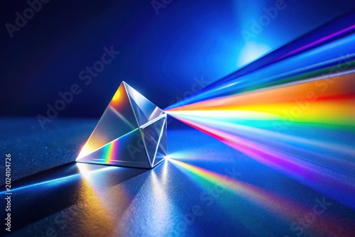 Illuminated Crystal Prism Dispersing Light into a Vibrant Spectrum on a Dark Reflective Surface