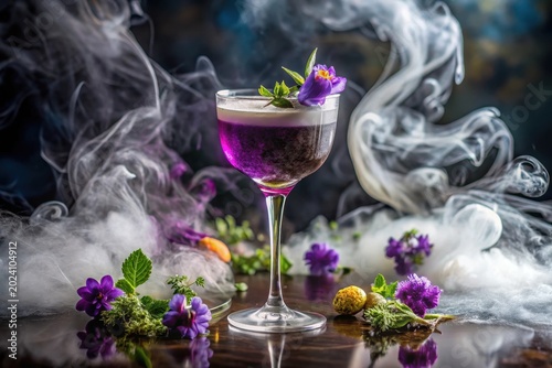 Mysterious Purple Cocktail Garnished with Delicate Flowers and Enveloped in Ethereal Smoke on a Dark Reflective Surface
