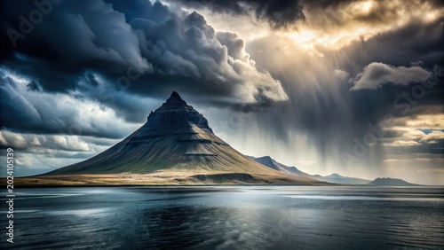 Majestic Peak Under a Dramatic Sky, Rain Streaking Downward Towards a Serene Waterway