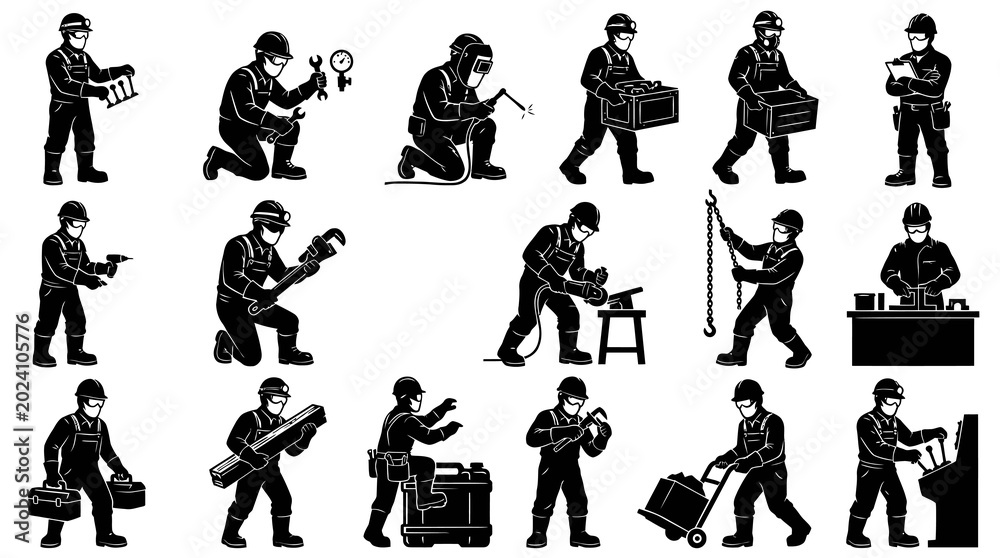 Fototapeta premium Black White Industrial Workers Set, Construction, Manual Labor, Tools, Black and White Vector Art