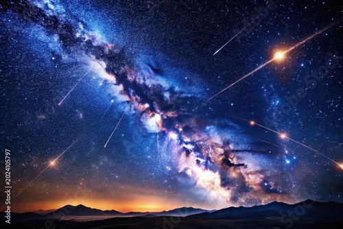 Majestic Night Sky Panorama Shooting Stars and a Vibrant Milky Way Galaxy Arching Over a Serene Mountain Range