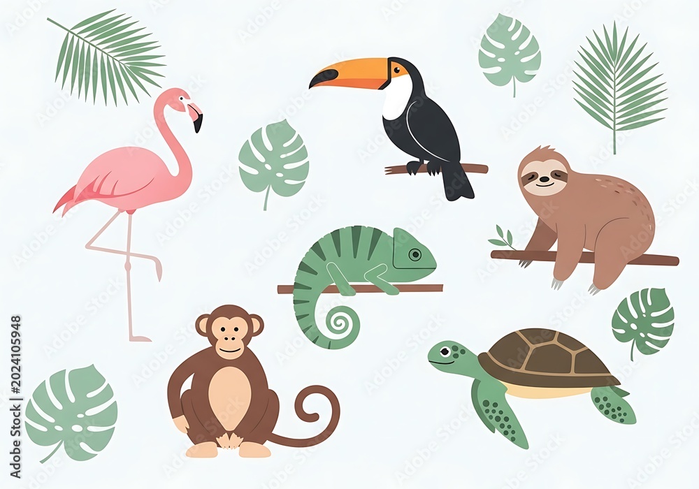 Fototapeta premium Colorful Tropical Animal Illustration with Jungle Elements.