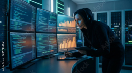 Soft focus blurred photo of Hacker in black hoodie working on computer with glowing data screens and financial charts in a dark server room