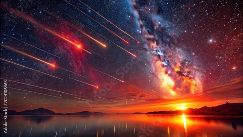 Serene Sunset with a Celestial Display of Shooting Stars and a Vibrant Nebula
