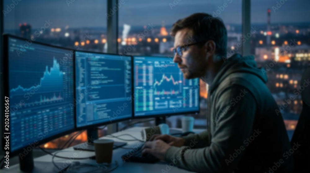 Fototapeta premium Soft focus blurred photo of Focused software developer working late at night on multiple computer monitors in a modern office with city lights in the background