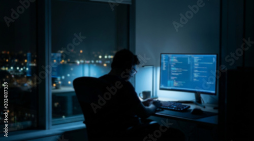 Soft focus blurred photo of Young man sitting at desk working on computer code late at night in a dark office with a view of city lights through the window