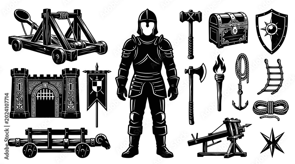 Fototapeta premium Medieval Knight Armor Castle Weapons Siege Equipment Black and White Vector