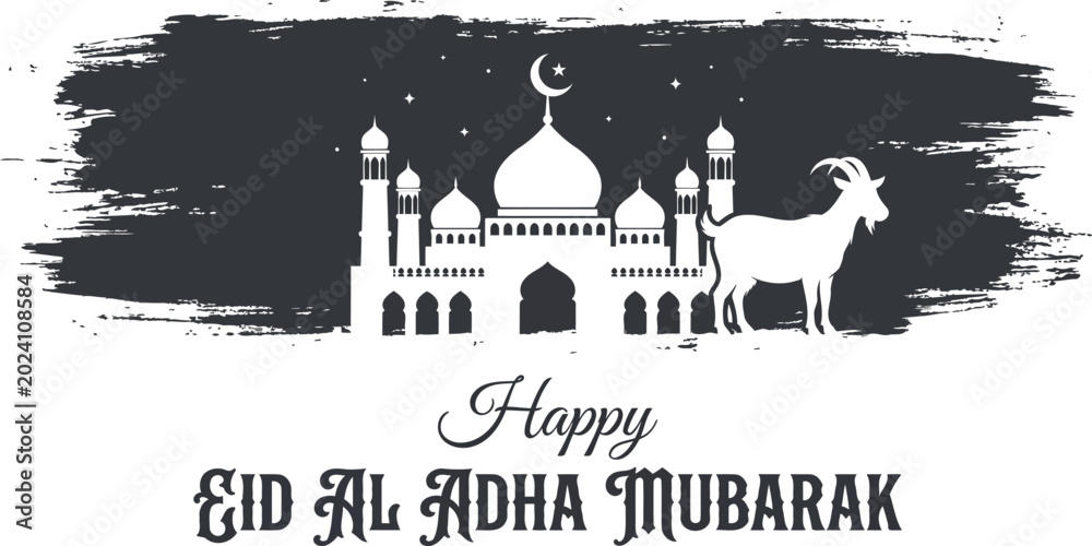 Obraz premium Eid al Adha Mubarak greeting with mosque and goat silhouette