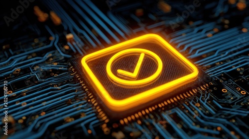 Glowing confirmation symbol illuminates complex electronic circuit board pathways
