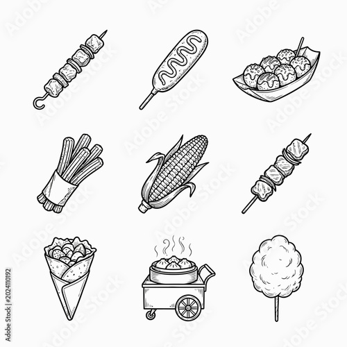 Quadro em tela Street food menu items on sticks.