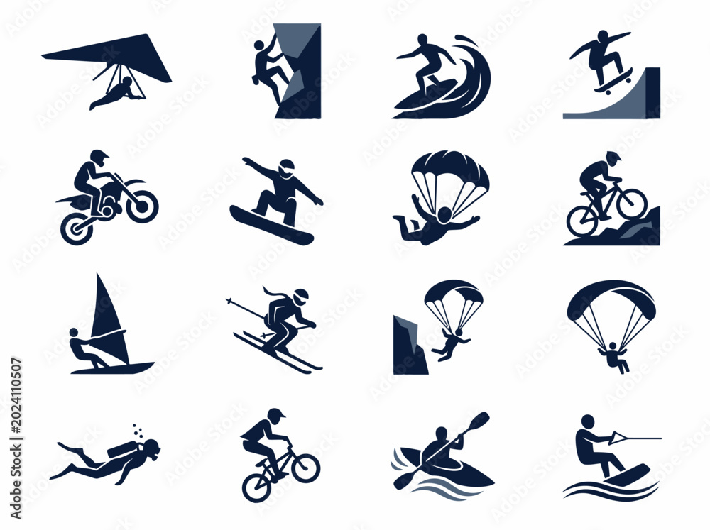 Obraz premium Extreme Sports and Outdoor Adventure Silhouette Icons Set including Surfing, Climbing, Skiing, and Mountain Biking