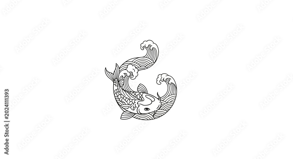 Fototapeta premium Elegant Koi Fish and Waves Illustration - Zen Symbolism, Yin Yang Concept