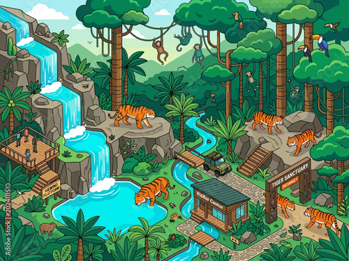 Tableau sur toile Isometric Illustration of a Lush Tiger Sanctuary and Wildlife Park with Waterfal