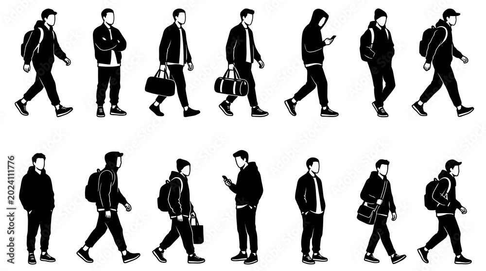 Fototapeta premium Black White Line Art Silhouettes of Men Walking with Bags, Vector