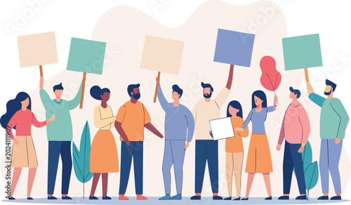 Tableau sur toile Diverse crowd of people holding blank signs with social issues diversity demonst