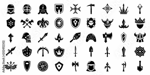 Bild auf Leinwand Fantasy weapon and armor icons set black and white
