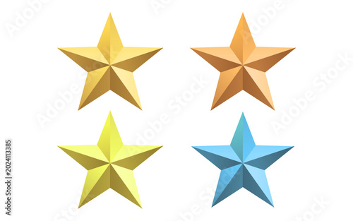 Collection of four distinct color three dimensional star icons isolated on a clean white background.