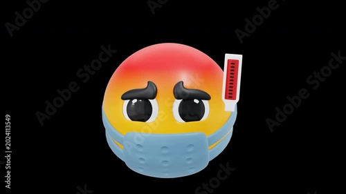 3D Animated Emoji Face Wearing Medical Mask and Thermometer Showing Fever