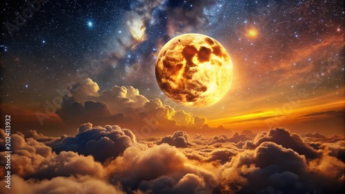 Celestial Body Ascending Above a Sea of Clouds at Sunset, a Dramatic Cosmic Landscape Featuring a Fiery Orb and a Starry Sky