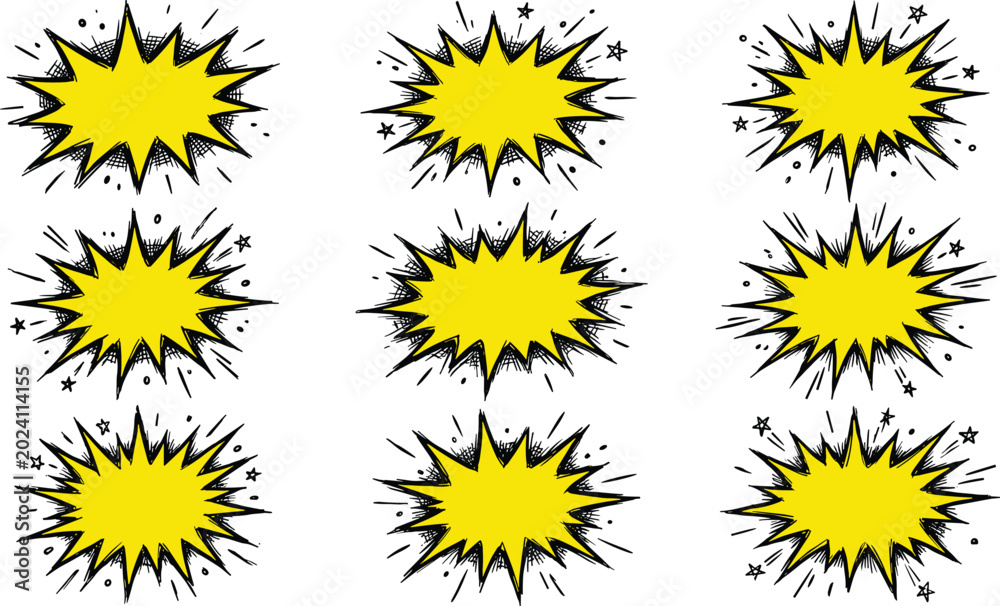 Fototapeta premium Yellow Pop Art Comic Starburst Speech Bubble Vector Set with Hand Drawn Sketch Explosion Frames and Stars for Retro Promo Text Layouts