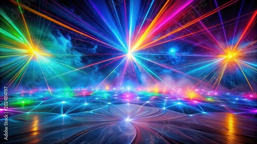Vibrant Laser Light Show Illuminating a Networked Surface with Interconnected Nodes and Glowing Points of Light