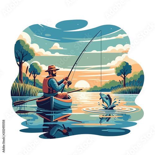 Fisherman enjoys a serene sunset on the lake, successfully reeling in a lively fish