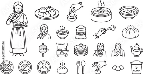 Принти на полотні Tibetan Momo Dumplings and Himalayan Traditional Cuisine Line Icon Set