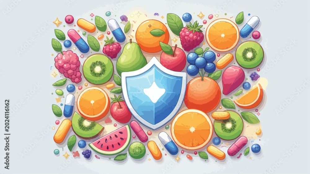 Fototapeta premium Immune System Protection Shield with Colorful Vitamin Fruit Supplement Capsule and Berry Healthy Lifestyle Illustration