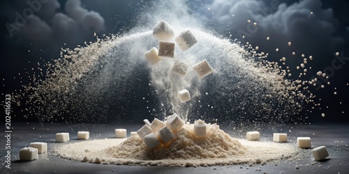 Dynamic Sugar Cubes Exploding in a Floury Cloud, a Culinary Action Shot