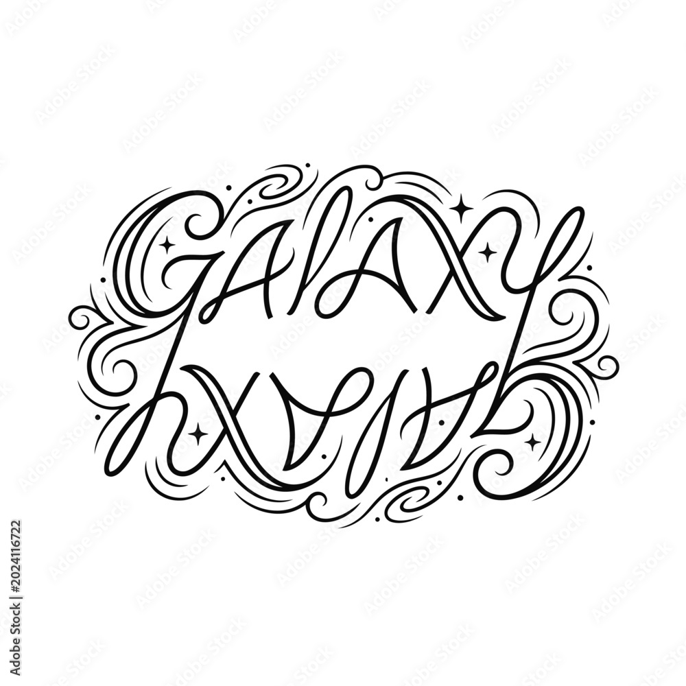Fototapeta premium Galactic Script: An elegant, hand-drawn script spelling out GALAXY with swirling celestial motifs, stars, and nebulae, evoking a cosmic wonder.
