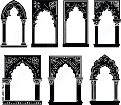 Arched windows collection showcases various ornate architectural designs with decorative columns and intricate stone detailing in black.