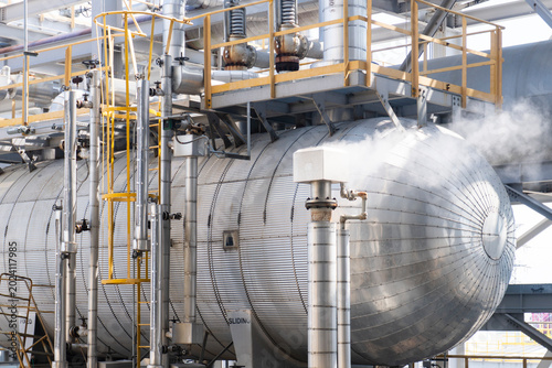 Industrial petrochemical plant equipment with a large pressure vessel, piping systems, safety platforms, and steam venting from process facilities